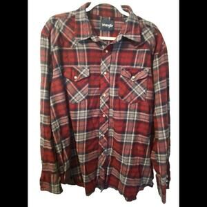 Mens Wrangler XXL Red Plaid Flannel Pearl Snap Long Sleeve Shirt